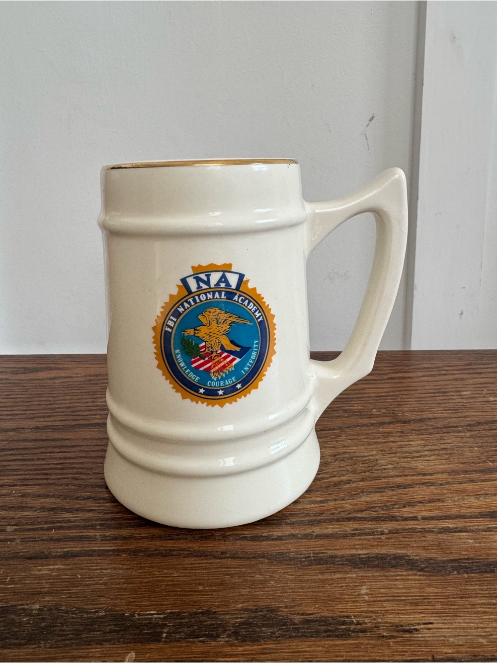FBI Cream Ceramic Beer Stein with Gold Trim